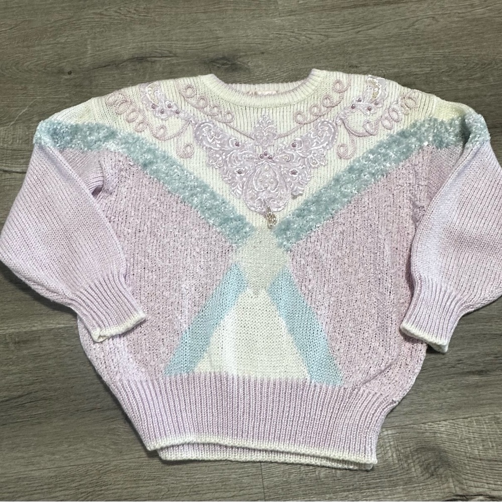 Coquette Girly Bow Pearl Vintage Sweater in Pink and White, size L